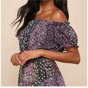 Lulus Neva Navy Blue Floral Print Off The Shoulder Maxi Dress Size XS NWT
